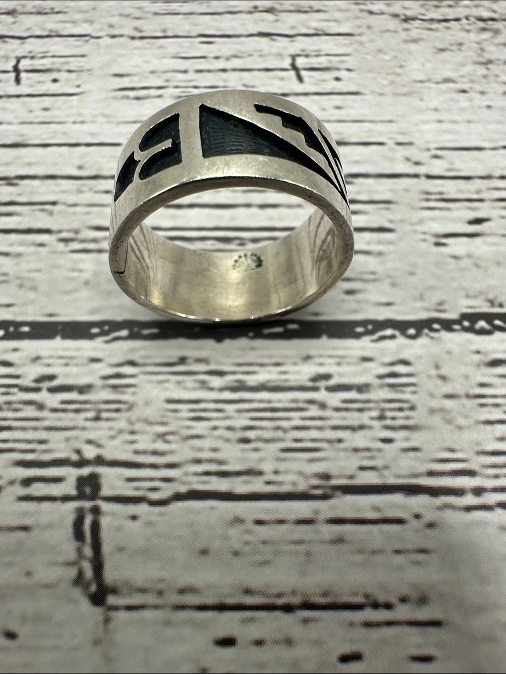 Hopi Silver Band Ring with Black Geometric Inlay